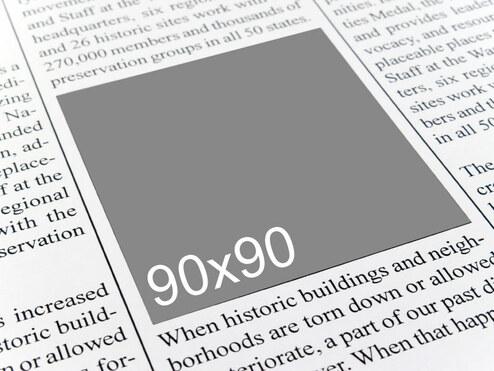 Grafik eines Zeitungsartikels mit grauem Platzhalter für ein Bild, beschriftet mit „90x90“.